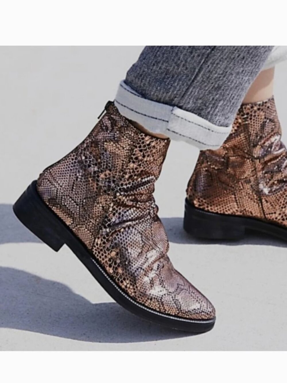 Free People Amarone Copper Metallic Snakeskin Print Leather Boot Womens Size 7.5